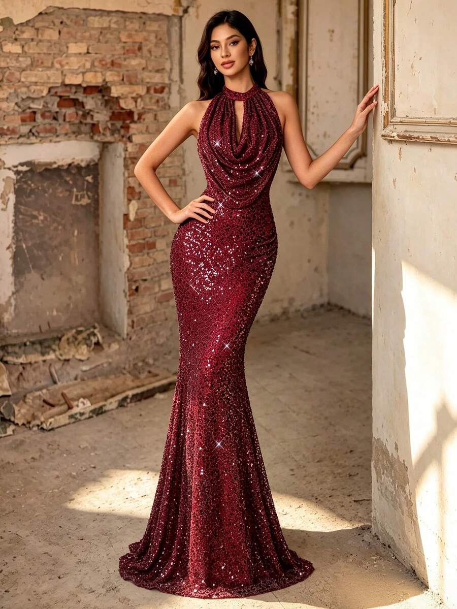Autumn/Winter Elegant Luxury Draped Neck Draped Collar Full Sequin Fitted Mermaid Long Evening Dress, Suitable For Party, Ball, Banquet - Burgundy - View 1