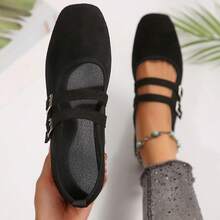 Spring/Autumn New Flat Square Toe Shallow Vamp Suede French Fairy Style Versatile Women's Double Strap Loafers - Black - View 1