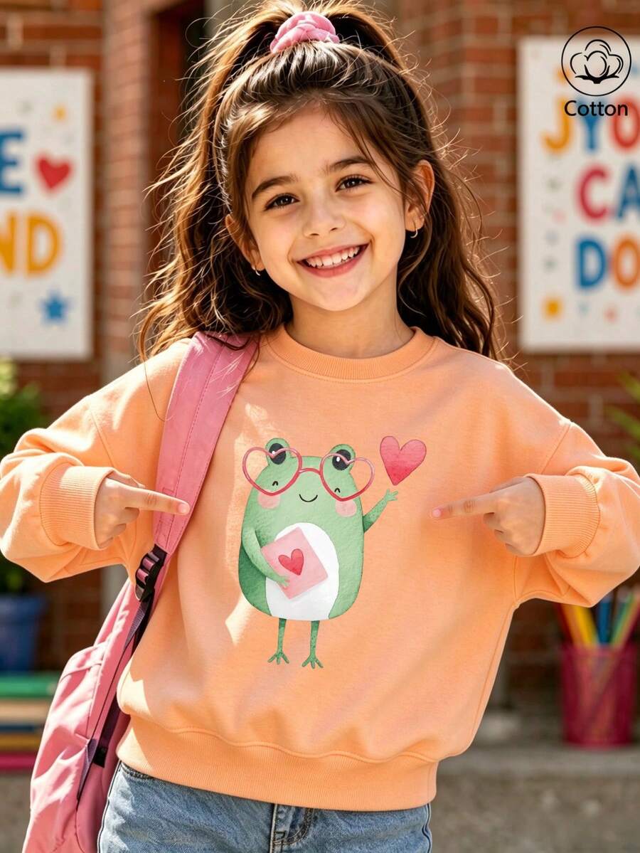 Cotton Girls' Crewneck Pullover Sweatshirt, Autumn Winter Loose Fit With Frog Print, Cute Sweet Girly Preppy Style - Hami Melon Orange - View 1