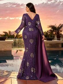 Plus Size Fall Winter Long Sleeve Sequin Embroidered 3D Floral Cinched Waist Mermaid Maxi Dress With Satin Sash For Party Wedding Festival Dates - Purple - View 4