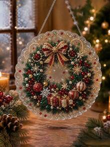1 Set Christmas Pearl Diamond Painting Sun Catcher Kit, DIY Handmade, Pre-Assembled Metal Chain, Acrylic Round Plate With Lace Edge, 3D Mixed Size Pearl Beads, Holiday Window Wall Decor - Multicolor - View 7