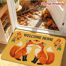 1/2pcs Autumn Welcome Home Theme Flannel Doormat, Two Kissing Foxes Pattern With Heart And Floral Design, Soft Comfortable Absorbent Non-Slip Machine Washable, Multi-Functional Home Floor Mat For Entryway, Hallway, Living Room, Bedroom, Kitchen, Bathroom, Laundry Room, Patio, Autumn Thanksgiving Holiday Decor - Multicolor - View 2
