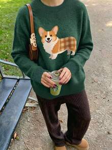 Corgi-Print Digitally-Patterned Crew-Neck Sweater; Casual, Stylish, Plus-Size Women's Sweater For Autumn And Winter; Long-Sleeved Crew-Neck Pullover. - Dark Forest Green - View 4