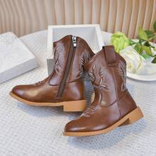 Vintage Brown Western Cowboy Boots, Embroidered Mid-Calf Riding Boots For Kids, Soft Sole Side Zipper Stage Outfit Boots - Brown - View 2