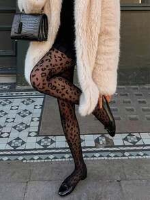 1 Pair Sexy Leopard Print Pantyhose, Wild & Charming Full Length, High Elasticity Versatile Legwear For Women's Daily Outfits - Black - View 6