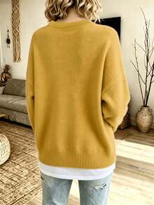 Plus Size Women Fall Winter V‑Neck Button Front Knit Cardigan, Drop Shoulder Long Sleeve Loose Soft Knit Casual Sweater Coat - Mustard Yellow - View 2