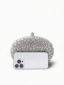 Women Oval Evening Clutch Leaf Rhinestone Pattern Ball Clasp Luxury Glamour Wedding Banquet Ball - Silver - View 5