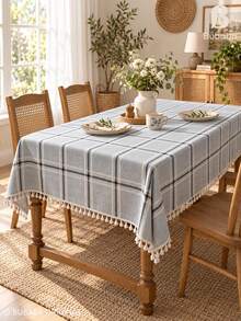 Bubaba Blue-Grey Plaid Tassel Tablecloth, Country Farmhouse Style Rectangular Tablecloth, Linen Texture Decorative Tablecloth, Suitable For Dining Room, Kitchen, Party And Daily Home Decor - Multicolor - View 1