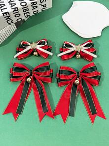 2pcs Christmas Party Red Green Gold Trim Bow Side Clip Gold Bell Star Pendant Hair Accessories For Girls Holiday Atmosphere - Multicolor - View 1