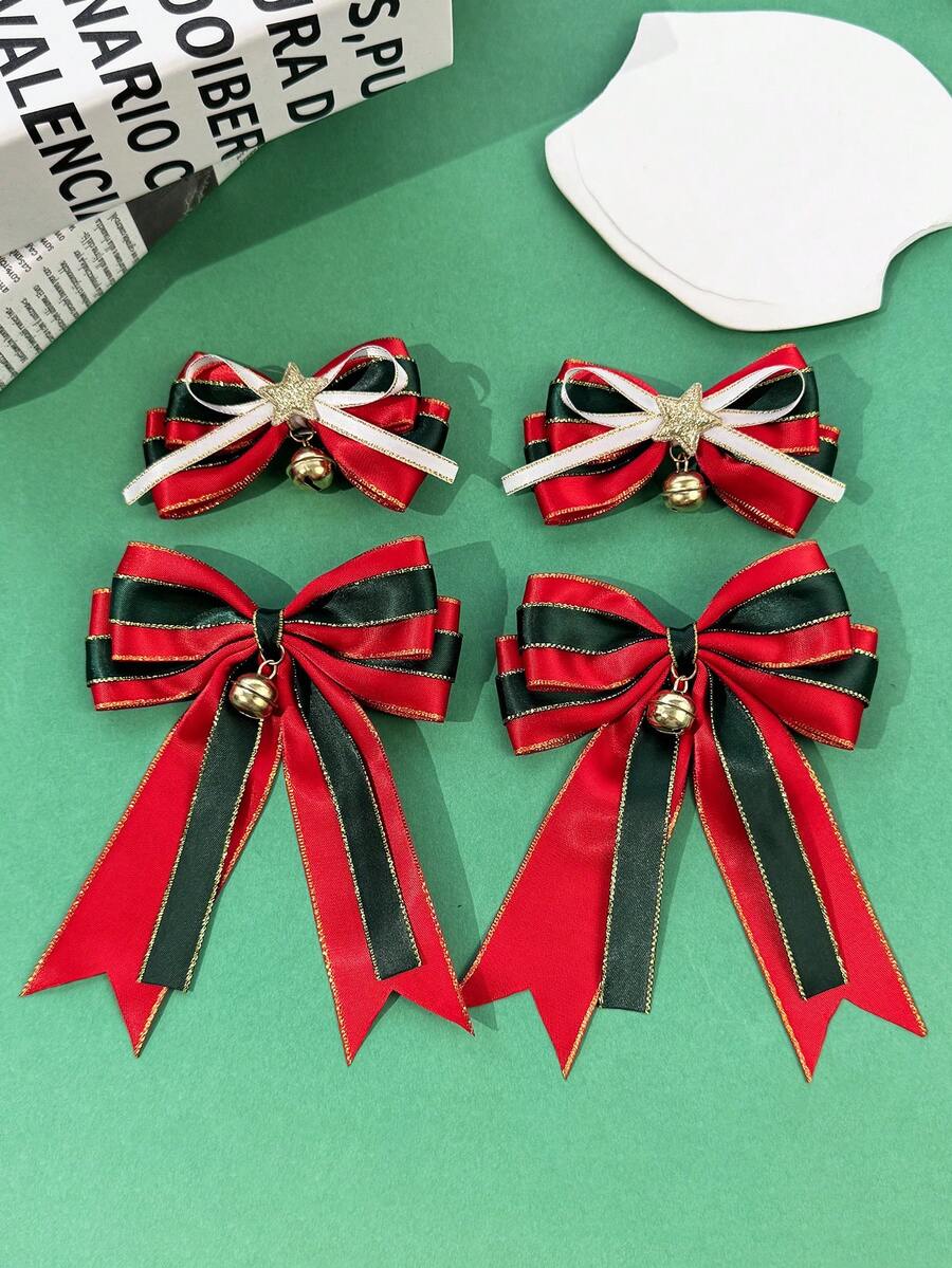 2pcs Christmas Party Red Green Gold Trim Bow Side Clip Gold Bell Star Pendant Hair Accessories For Girls Holiday Atmosphere - Multicolor - View 1