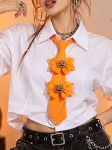 1Pc Women Orange Pumpkin Bow Chain Decor Pre-Tied Necktie Halloween Party Costume - Multicolor - View 2