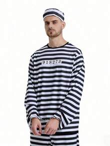 1 Set Halloween Cosplay Anime Prisoner Costume Classic Striped Prisoner Stage Outfit Performance Costume Men's Prisoner Outfit - Black and White - View 7