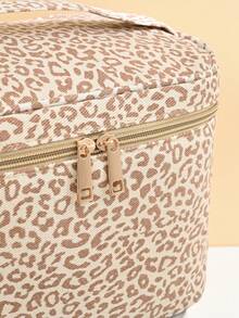1pc Fashionable Minimalist Portable Canvas Leopard Print Large Capacity Handheld Makeup Bag, Suitable For Daily Makeup Tools, Skincare Products And Other Items Storage, Travel Makeup Organizer Bag - Brown - View 5