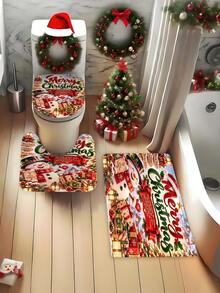 1/4pcs Christmas Theme Shower Curtain Set With Cute Snowman, Christmas Tree And Gift Box Pattern, 12 Hooks, Waterproof Polyester, Bathroom Curtain, Privacy, Thickened, Durable Quick Dry, 180*180cm Size, Christmas Bathroom Decor - A - View 6