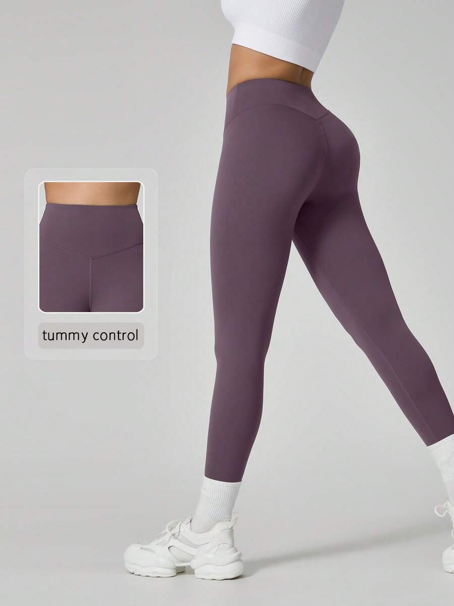 NcmRyu Women's 1pc Solid Color High Waist Daily Minimalist Butt-Flattering Tummy Control Yoga Training Workout Leggings, Autumn/Winter - Purple - View 1