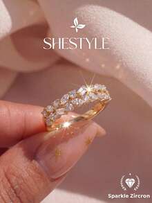 1pc Asymmetric Double Half-Wrap Rectangular & Round Cubic Zirconia Ring, Women's Wedding, Promise, Eternity Ring, Exquisite Jewelry Gift - Double Half Circle Rectangular Marquise Round Diamond Ring - View 2