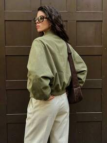Casual Baseball Pocket Women's Jacket Loose Short Outerwear - Army Green - View 2