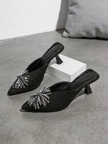 Women's Black Pointed Toe Mule High Heel Shoes, Rhinestone Decor Slip-On Sandals - Black - View 6