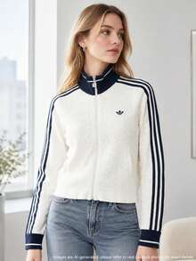 Adidas Women's Sports Jacket SPORTS TT W Stand Collar Contrast Trim Knit Cardigan KX6899 - Jade White/Dark Indigo - View 1