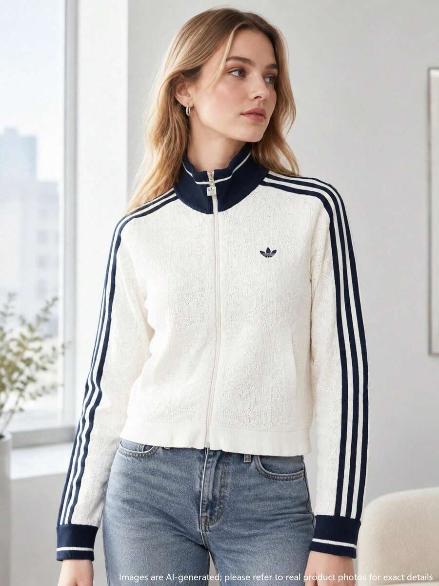 Adidas Women's Sports Jacket SPORTS TT W Stand Collar Contrast Trim Knit Cardigan KX6899 - Jade White/Dark Indigo - View 1