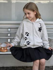 Teenage Girls Spring/Autumn Loose Hooded Zip-Up Sweatshirt, Oatmeal Gray Cartoon Black Cat Paw Print Zip-Up Jacket, Large Pocket Design - Light Grey - View 2
