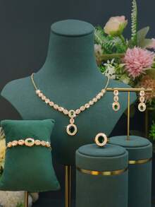 5pcs Round Design Women's Jewelry Set, Elegant Series, Includes Necklace, Bracelet, Earrings, Ring Set, Suitable For Women's Daily Wear And Dating - Round Green Diamond Set - View 11
