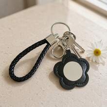 New Cross-Border Flower-Shaped PU Leather Makeup Mirror Keychain Woven Wrist Strap Bag Charm Portable Lipstick Cosmetic Mirror Key Ring Accessory - Multicolor - View 2