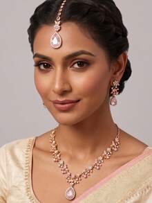 Elegant Rhinestone Jewelry Set, Exquisite Forehead Ornament Maang Tikka, Necklace And Earrings, Party And Bridal Wedding Accessories, Women's Fashion Jewelry Set - Teardrop - View 2