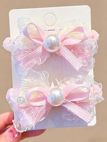 2pcs Girls Simple Bow & Bead High Elasticity Versatile Cute High Ponytail Bun Hair Ties Suitable For Daily Wear - Multicolor - View 5