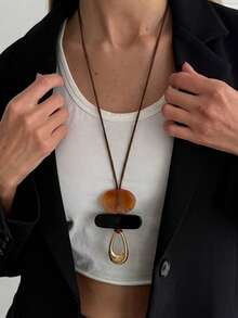 Geometric Statement Necklace For Women, Long Leather Cord Pendant With Amber Resin And Gold Water Drop, Modern Minimalist Jewelry - Style 1 - View 2