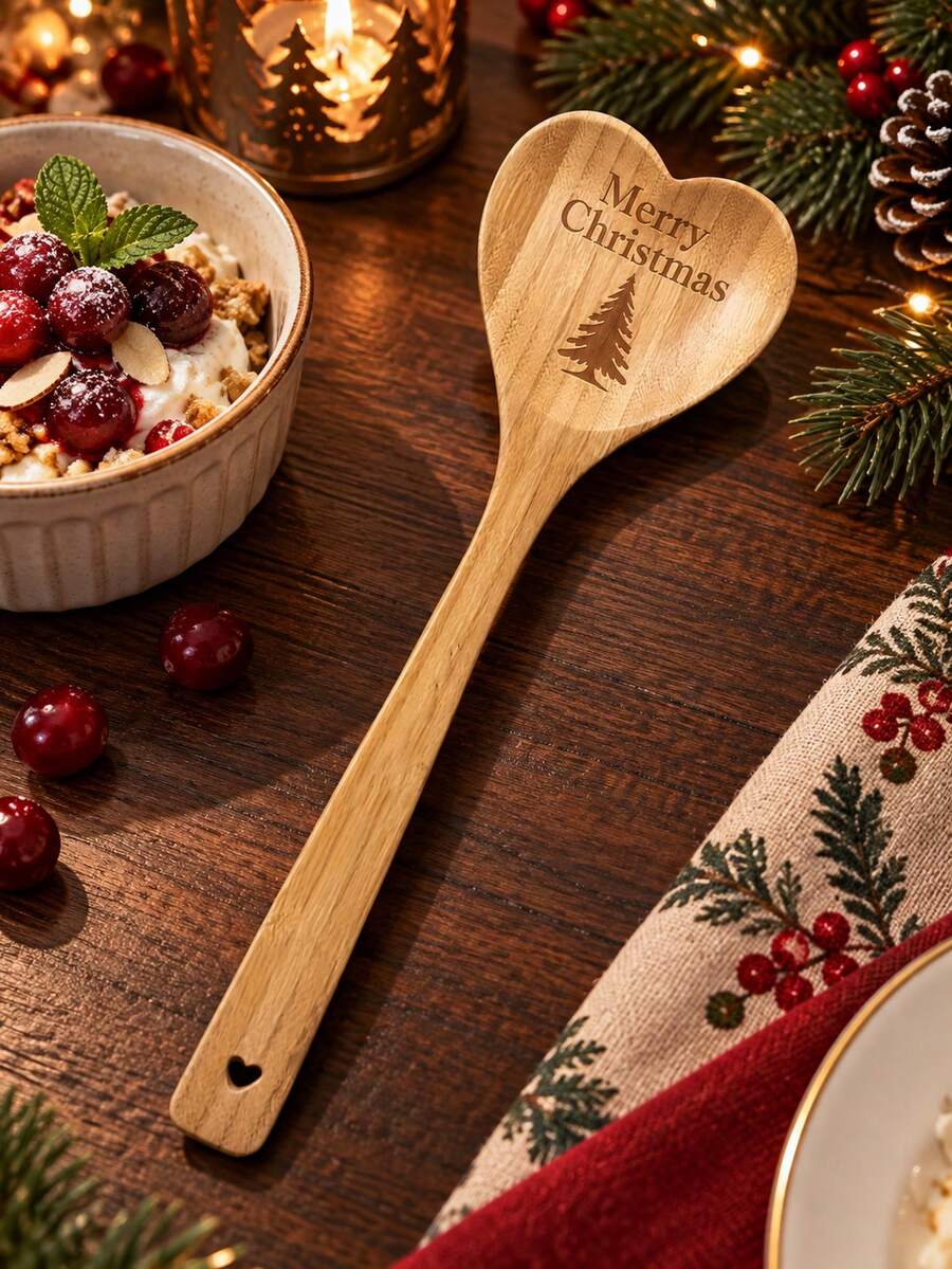 1pc Bamboo Heart-Shaped Christmas Cooking Spoon, 8 Laser Engraved Christmas Styles Available, Personalized Gift, Kitchen Cooking Utensil, Kitchen Baking Tableware, Holiday Table Decor Gift, Suitable For Christmas, Winter, Christmas Gift, Ideal Gift For Cooking Enthusiasts - Multicolor - View 1