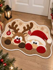 Christmas Reindeer And Santa Claus Decorative Pattern Rug, Asymmetrical Shape, Velvet Material, Bathroom Absorbent Non-Slip Mat, Ultra-Fine Fiber Material, Suitable For Bathroom, Living Room, Bedroom, Entrance Decoration, Holiday Decor, Christmas Decoration Rug 1pc - A - View 3
