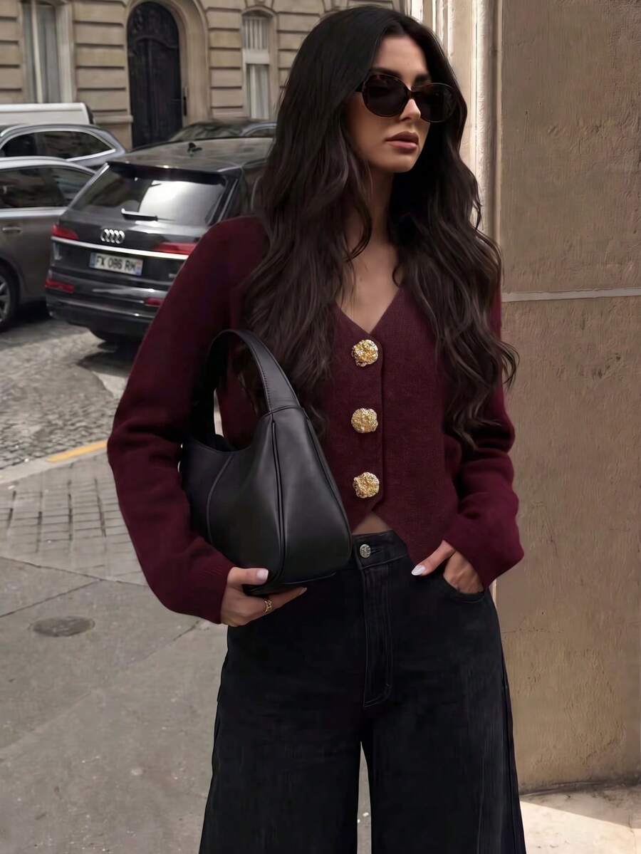 Women's Casual Slim Fit Solid Color V-Neck Drop Shoulder Metal Button Hem Slit Long Sleeve Knit Cardigan Loose Outerwear, Spring/Summer/Autumn Fall