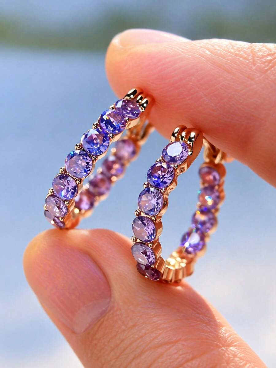 1 Pair Elegant Purple CZ Earrings, Suitable For Women - Korean Design - Minimalist & Exquisite, Perfect For Daily Wear And Party Jewelry - earrings - View 1
