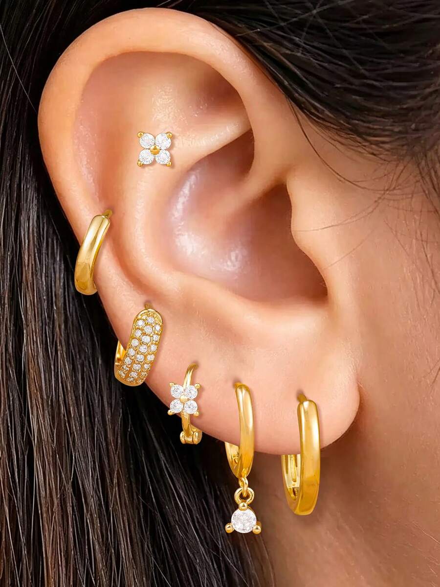 Women's 6 Pieces Mini Zirconia Flower Multi-Perforated Charm Earring Set, Daily Jewelry For Party And Music Festival - 1-gold-6pcs - View 1