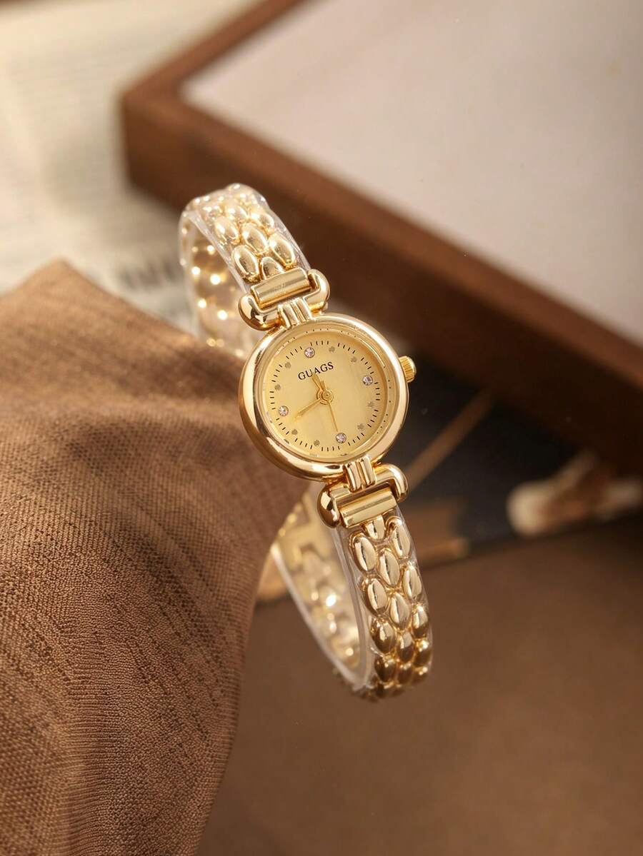 1件復古小金圓盤女款石英手錶,精緻金屬珠鏈錶帶,香檳金鑲鑽錶盤,優雅奢華日常通勤女錶,適合日常裝飾與佩戴 - 金色 - 查看 1