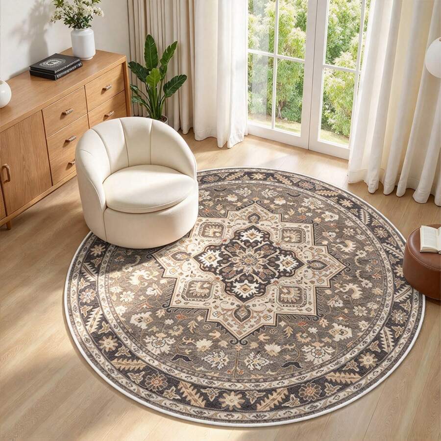 Vintage Persian Round Rug, American Classical Floral Pattern, Bohemian Style, Living Room Sofa Coffee Table Mat, Soft Skin-Friendly, Bedroom, Bedside, Bay Window Mat, Study Chair Mat, Luxury Vintage Style, Highly Attractive Home Decor Soft Furnishing Mat, Versatile Indoor Carpet - Multicolor - View 1