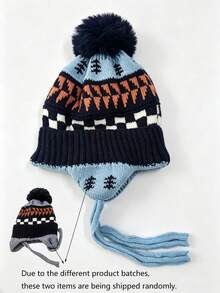Mũ len trẻ em mùa đông bảo vệ tai, mũ beanie len họa tiết cây jacquard vintage unisex, mũ kéo đầu dày có quả bông pom pom - Nhiều màu - Xem 9