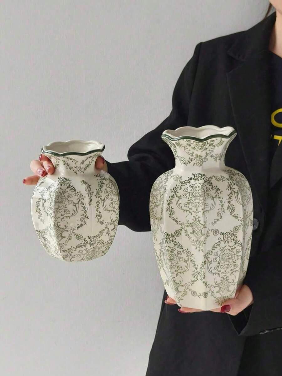 1pc Vintage Green Floral Ceramic Vase, Polygonal Body + Wavy Rim, Suitable For Living Room, Dining Table, Entryway And Other Spaces, Can Be Paired With Fresh Flowers Or Artificial Flowers, Combines Decorative And Practical Functions, Suitable As Housewarming Gift, Father's Day, Mother's Day, Couples, Friends, Elders, Teachers, Colleagues And Other All-Population Gifting Occasions - Multicolor - View 1