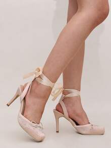 Pink Rhinestone Square Toe Stiletto High Heel Sandals For Women, Satin Bowknot Strap Closed Toe Open Back Party Dress Shoes - Pink - View 5