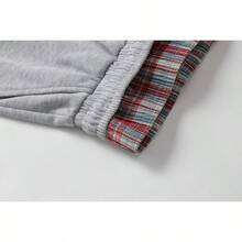 Men's Fashion Double Waistband Plaid Patchwork Drawstring Elastic Waist Pocket Casual Sports Long Pants - Grey - View 9