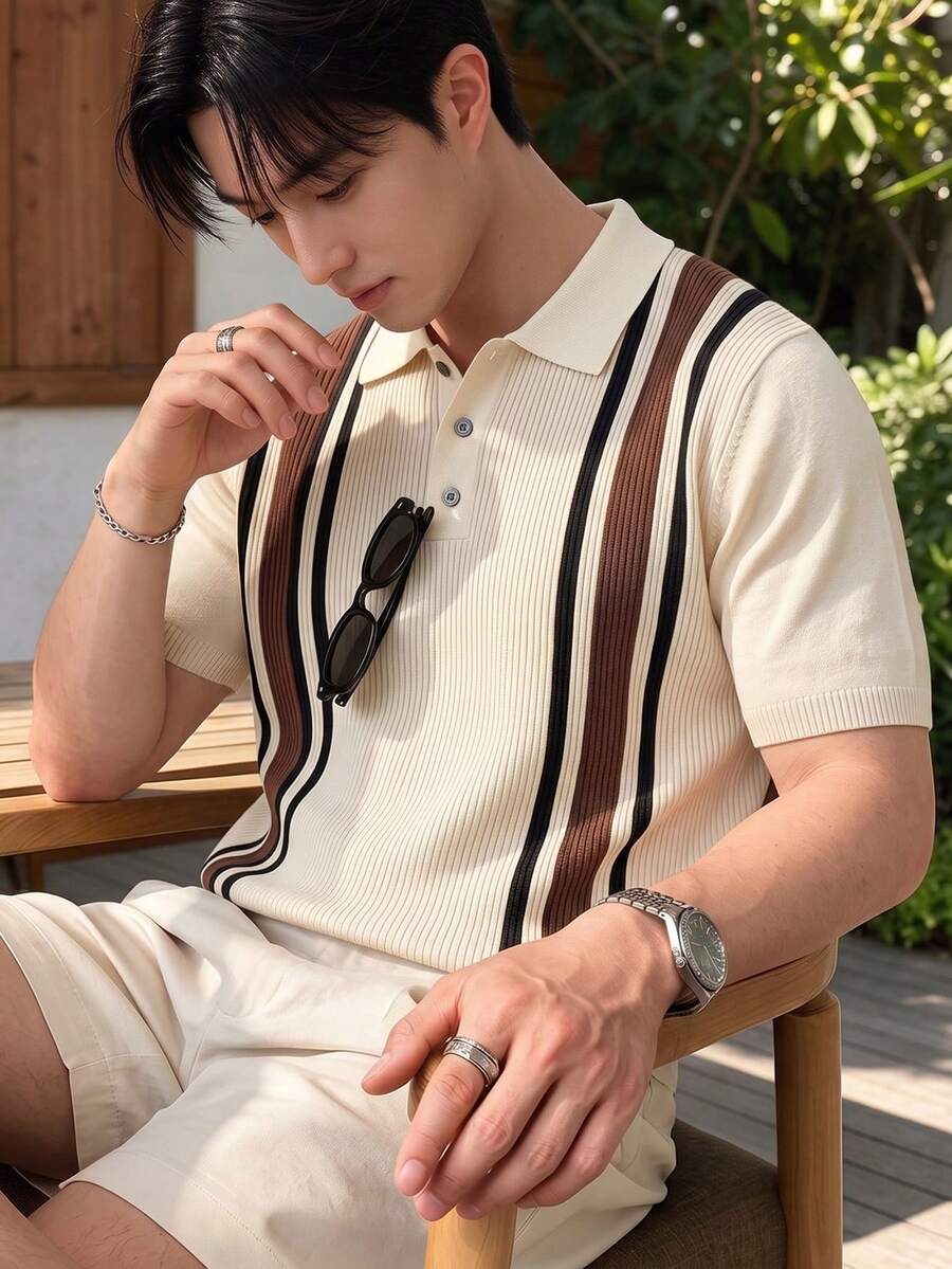 ALTZTAR Men's Short Sleeve Colorblock Patchwork Minimalist Casual Seagull Collar Knit Top - Apricot - View 1