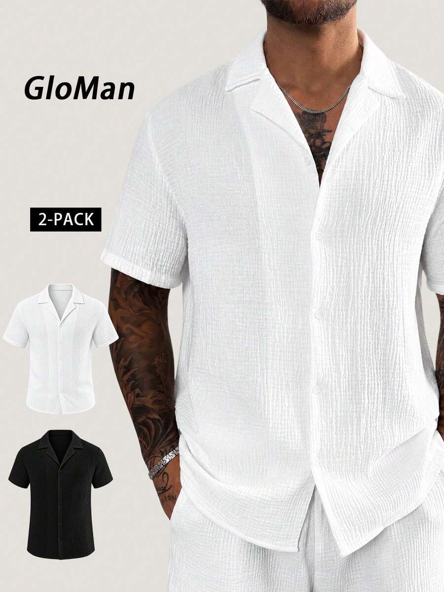GloMan Old Money Men's Black/White 100% Pure Cotton Textured Wrinkled 2pcs Button Short Sleeve Shirts, Suitable For Autumn Vacation, Daily, Party, Halloween/Christmas, Father Style - Multicolor - View 1