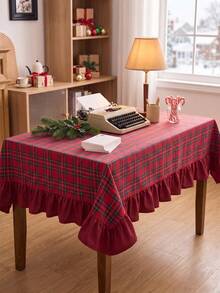1pc Red Background Green & Black Plaid Tablecloth, Christmas Holiday Style Fabric Material, Rectangular With Scalloped Hem Design, Decorative Tablecloth For Christmas And Winter Home Decor - Red - View 3