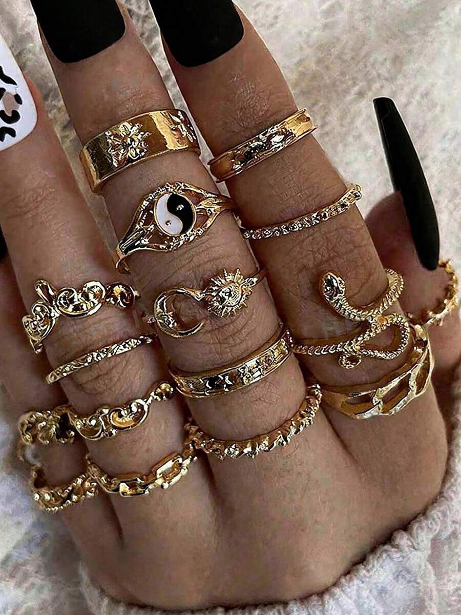 16 Peças Conjunto de Anéis Vintage Bagua Sol Lua Cobra Folha Flor ...