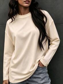 Women's Solid Color Round Neck Long Sleeve T-Shirt, Casual Autumn Regular Fit Top - Apricot - View 3