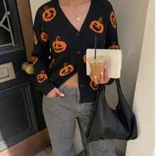 Plus Size Women's Halloween Pumpkin Jacquard Pattern Autumn Long Sleeve Loose Cardigan Sweater - Black - View 10