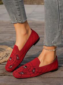 Women Spider Pattern Knit Slip On Flat Shoes, Square Toe Casual Breathable Flats For Daily Commute - Red - View 2