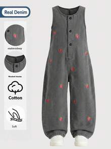 1pc Girls Strawberry Embroidered Denim Overalls, Sleeveless Button-Front Casual Loose Straight Leg Jumpsuit - Grey - View 1