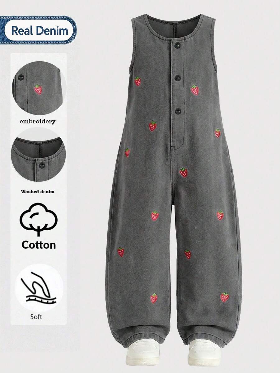 1pc Girls Strawberry Embroidered Denim Overalls, Sleeveless Button-Front Casual Loose Straight Leg Jumpsuit - Grey - View 1